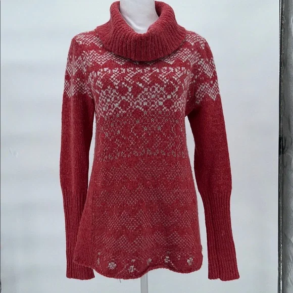 Free People Red Fair Isle Cowl Neck Sweater Women’s M Wool Blend Winter - Picture 3 of 11